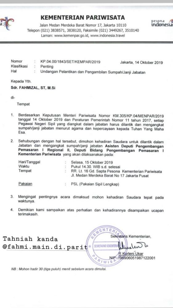 Fahmizal Usman Besok Dilantik sebagai Asisten Deputy Pengembangan Pemasaran Kemenpar RI