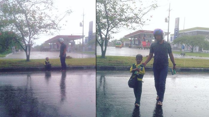 VIRAL! Di Bawah Derasnya Hujan, Bocah Berbaju TK Duduk di Pembatas Jalan untuk Jualan Tisu