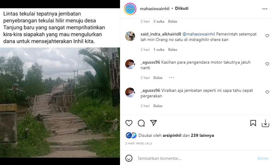Jembatan di Kecamatan Tanah Merah Rusak Parah, Netizen Bilang Begini