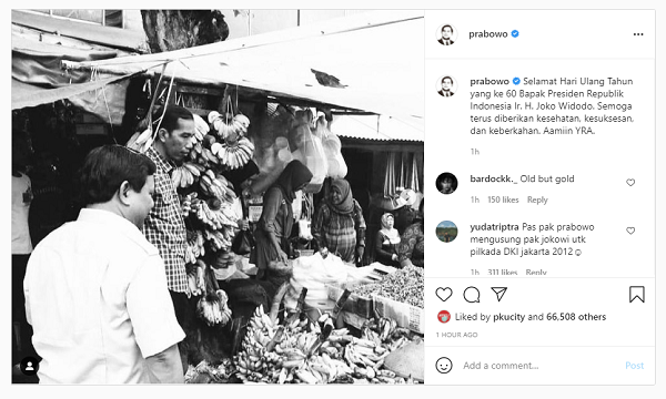 Unggah Foto Berdua di Pasar, Prabowo Sampaikan Kalimat ini pada Jokowi di Instagram