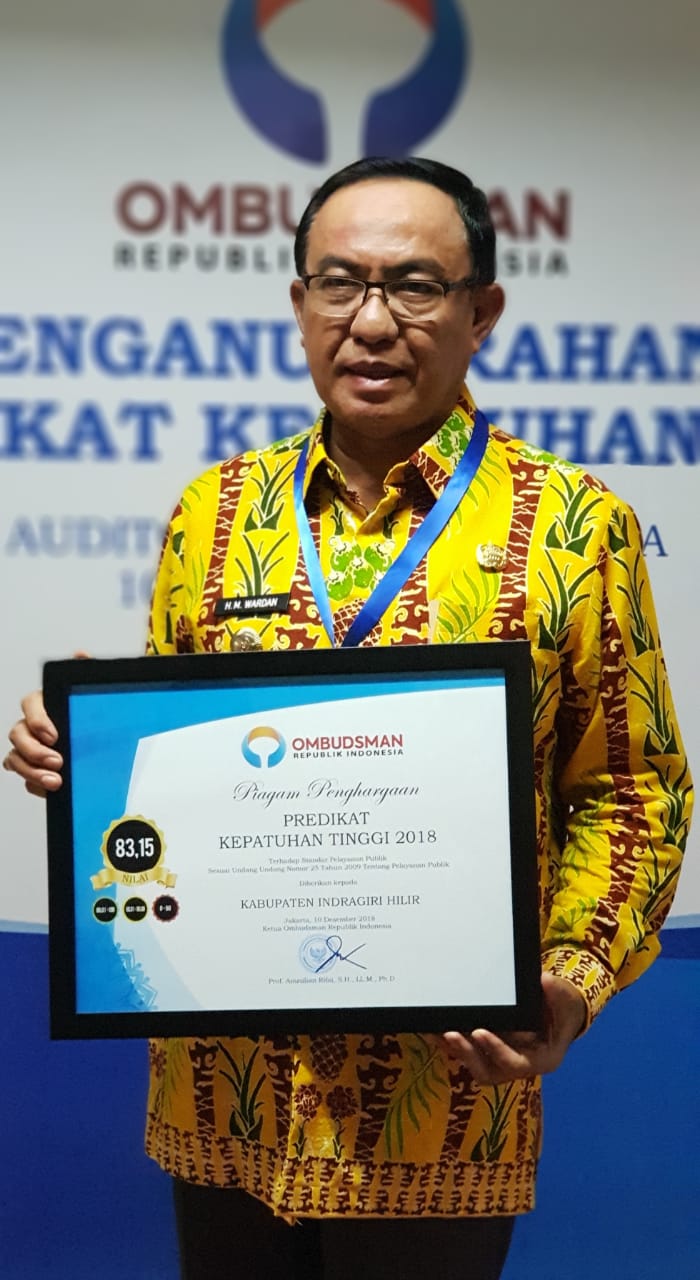 Kabupaten Inhil Terima Anugerah Predikat Kepatuhan Tinggi 2018 Ombudsman RI
