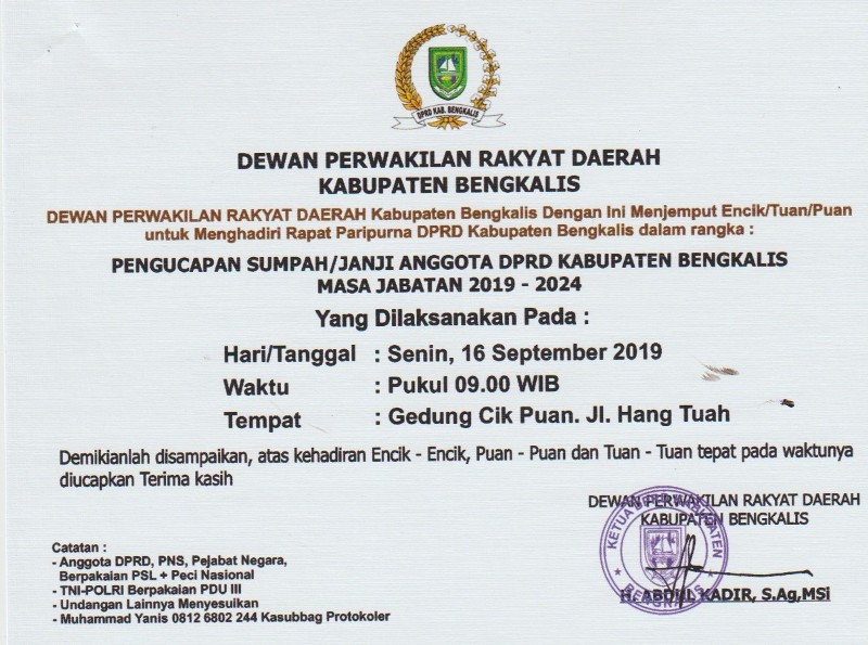 Pengucapan Sumpah/Janji Anggota DPRD Kabupaten Bengkalis 2019-2024 Dipastikan 16 September 2019
