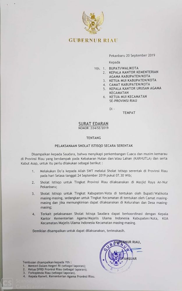 Gubernur Syamsuar Ajak Seluruh Masyarakat Riau Laksanakan Shalat Istisqa Secara Serentak