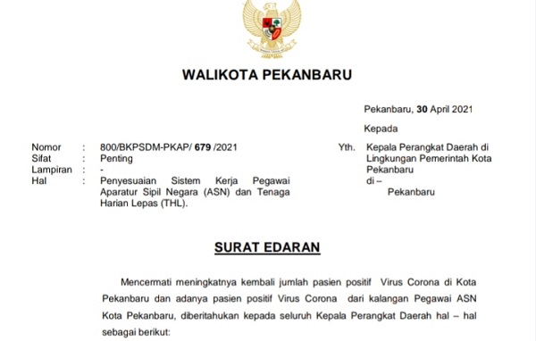 Pemko Pekabaru Kembali Berlakukan Work From Home