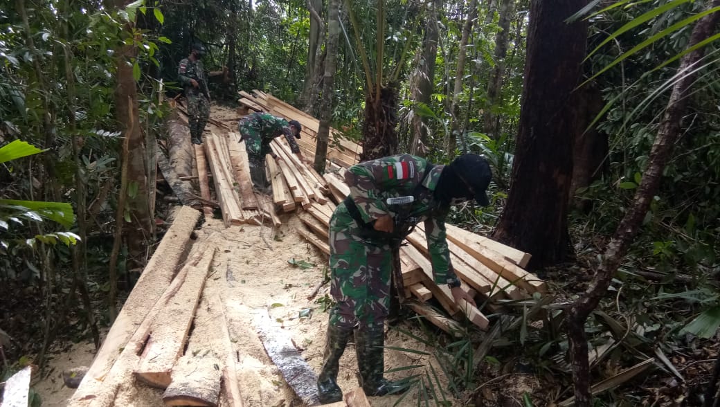 Satgas Yonif 642/Kapuas Amankan Kayu Hasil Illegal Logging di Wilayah Perbatasan