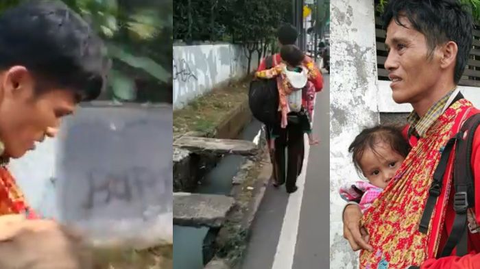 Berjalan Tanpa Alas Kaki, Kisah Sedih Seorang Ayah Gendong Dua Anak untuk Pulang Kampung
