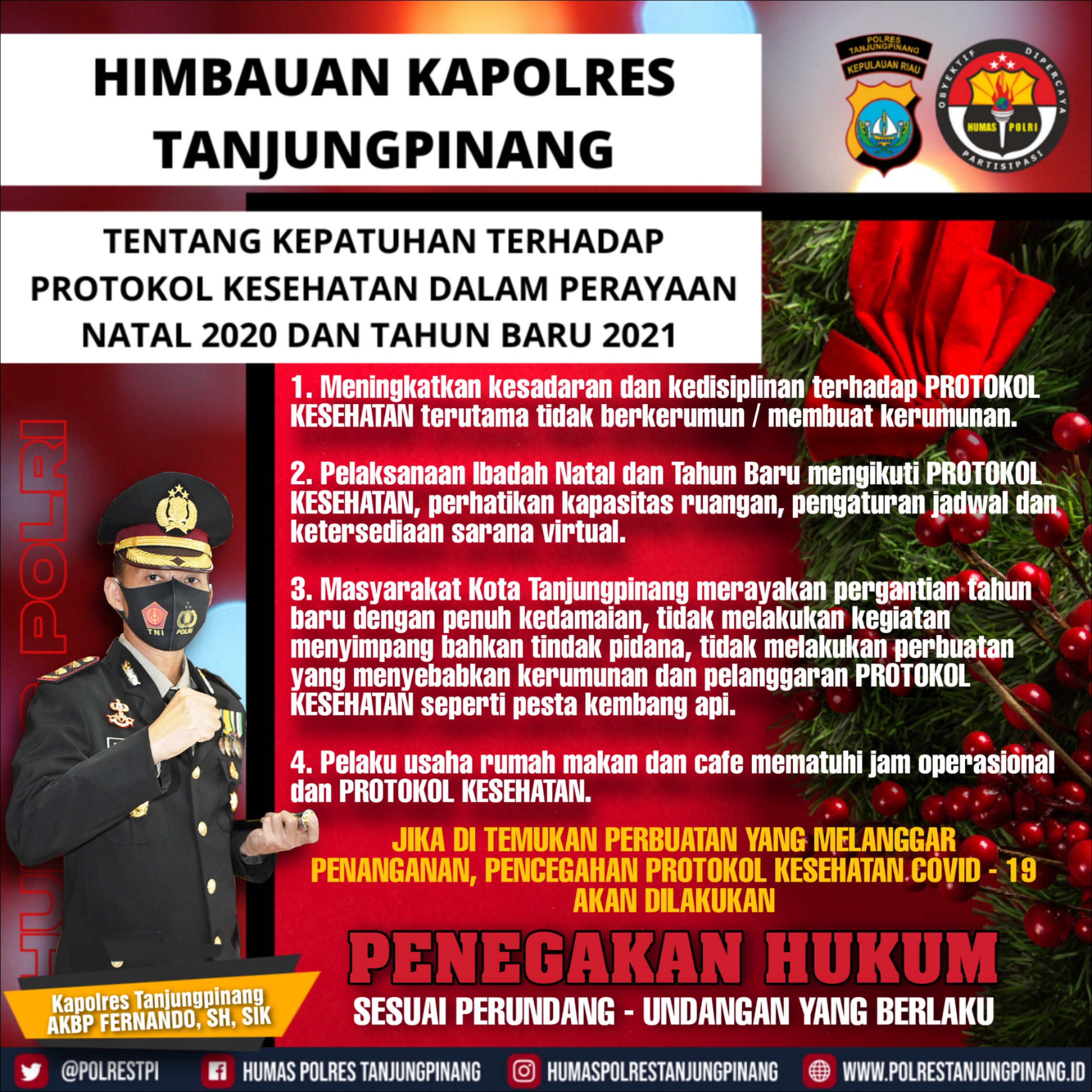 Himbauan Kapolres Tanjungpinang Dalam Perayaan Natal 2020 dan Tahun Baru 2021