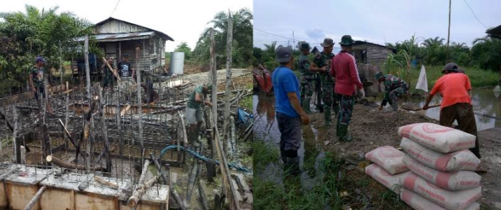TNI Dan Warga Gotong Royong Lakukan Pengecoran Dinding Culver di Raja Bejamu