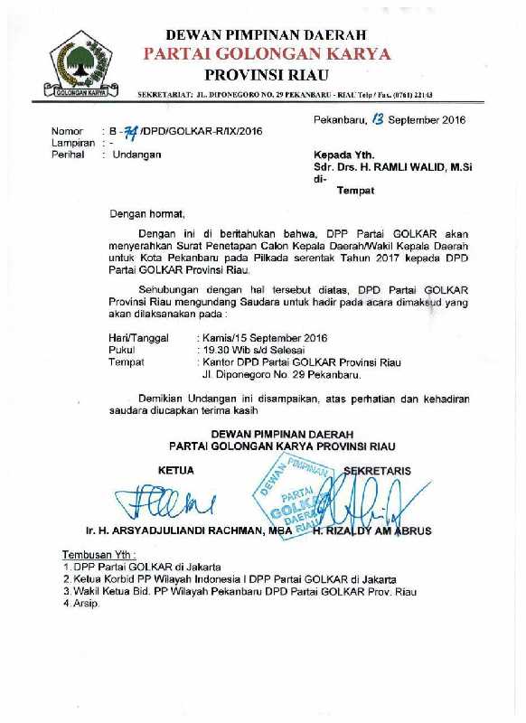 DPP Golkar Restui Ramli Walid Berlabuh ke Pilwako Pekanbaru