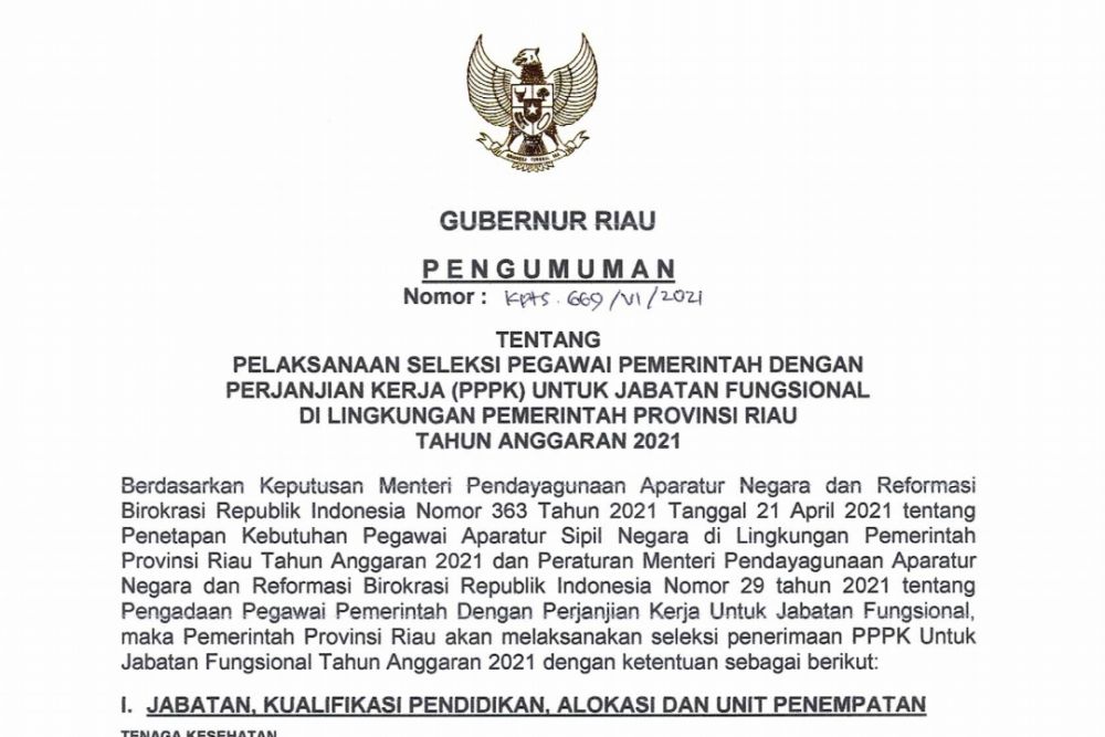 Pengumuman Pendaftaran dan Formasi CPNS Pemprov Riau Sudah bisa Diakses melalui bkd.riau.go.id
