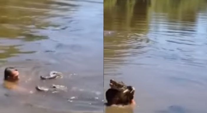 Seorang Pria Nekat Ajak Buaya Menari saat Berenang di Sungai