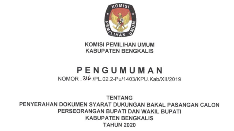 KPU Umumkan Penyerahan Dokumen Syarat Dukungan Calon Perseorangan Kepala Daerah