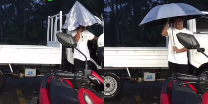 Super Bucin! Kehujanan, Aksi Pria Jemput Pacarnya Bikin Geleng Kepala