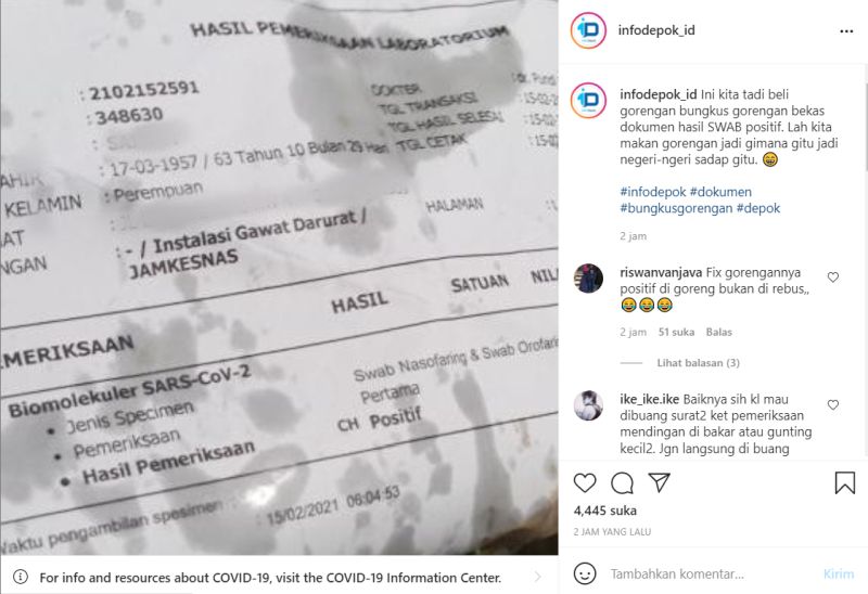 Kertas Bekas Hasil Swab Positif Covid-19 Jadi Pembungkus Gorengan