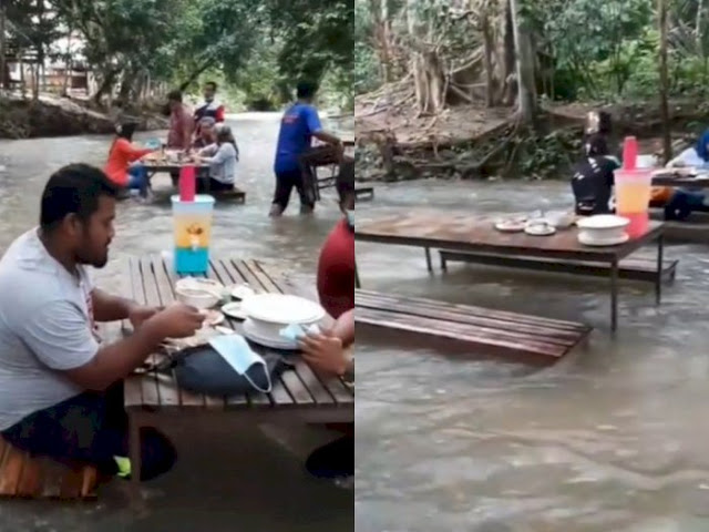 Tempat Makan Unik di Tengah Derasnya Arus Sungai, Netizen: Gak Takut Buaya?