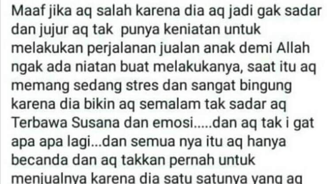 Pria yang Jual Anak Rp 30 Juta di Medsos Minta Maaf