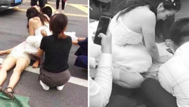 Meski Masih Kenakan Gaun Pengantin, Perawat Cantik ini Tolong Korban Kecelakaan